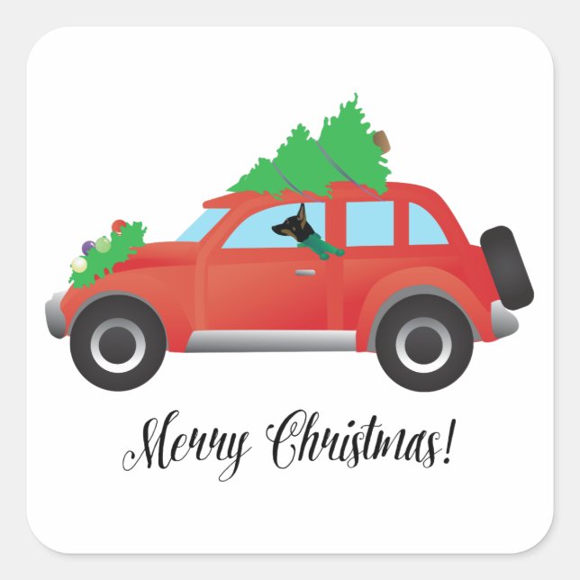 Sticker Carré Rat Terrier Chien conduisant une voiture de Noël (Devant)