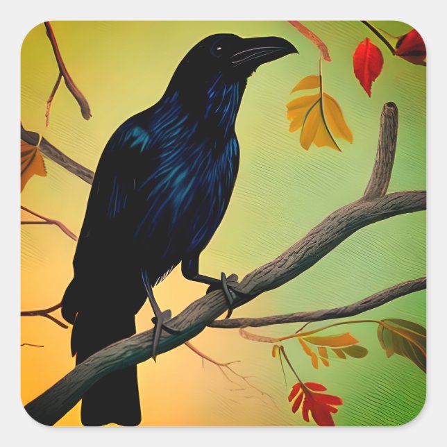 Sticker Carré Raven De Plaisir Entouré Sur Branche (Devant)