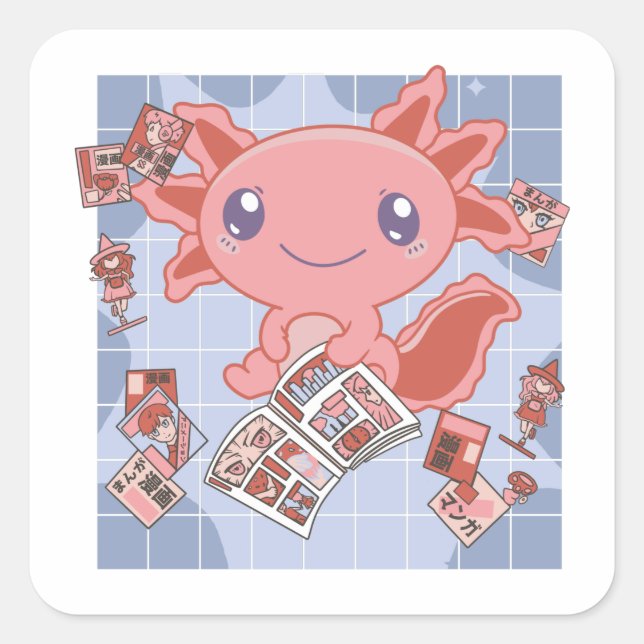 Sticker Carré Readalotl Axolotl Amateurs de doux animaux Mangas  (Devant)