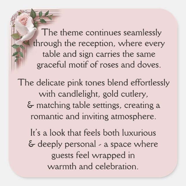 Sticker Carré Reception Ceremony -  Pink Roses & Doves (Devant)