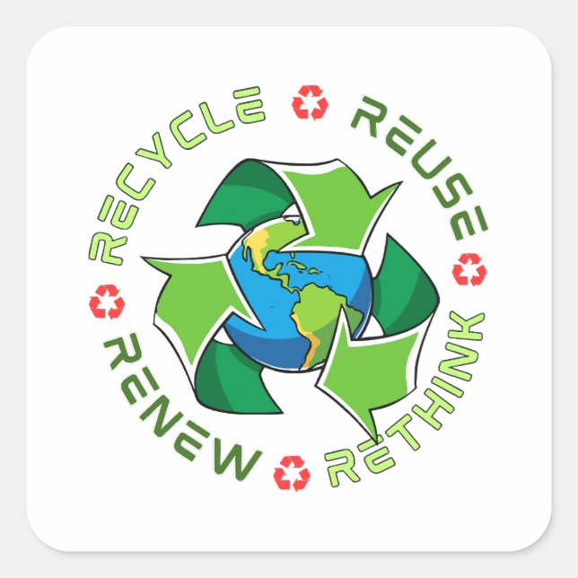 Sticker Carré Recycler, Réutiliser, Renouveler, Repenser. Sauvez (Devant)