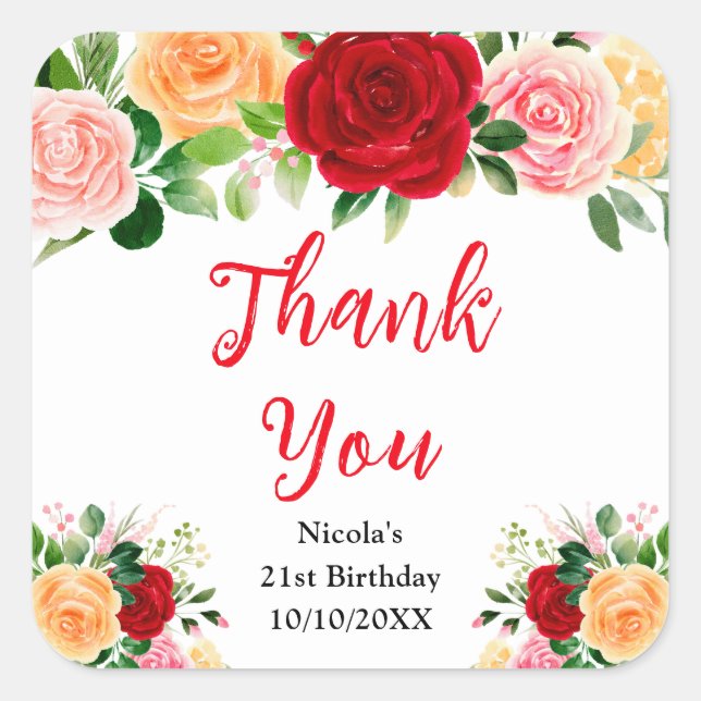 Sticker Carré Red and Orange Roses Birthday Thank You (Devant)
