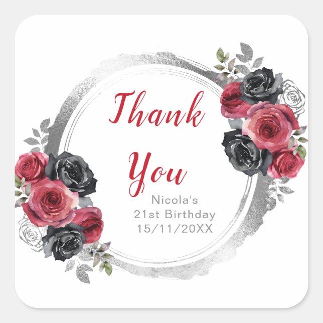 Sticker Carré Red and Silver Elegant Flowers Birthday Party (Devant)
