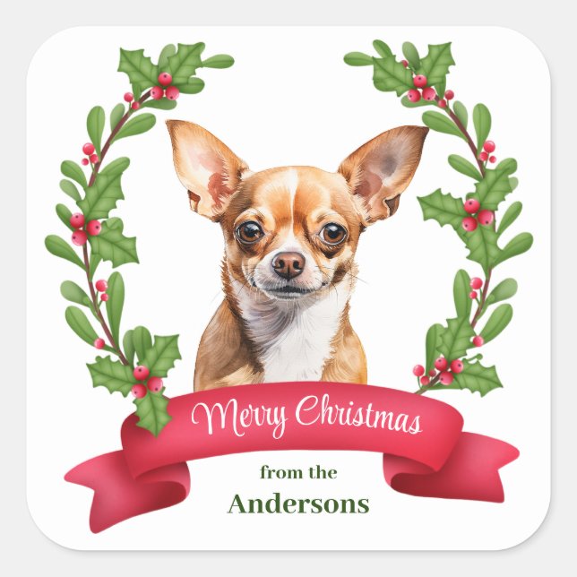 Sticker Carré Red Banner Holly Brown Chihuahua Dog Christmas (Devant)