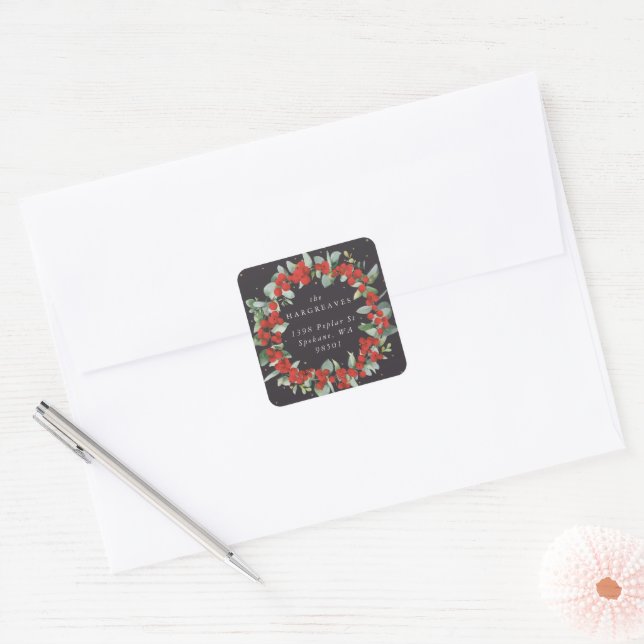 Sticker Carré Red Berry+Eucalyptus Holiday Wreath Adresse (Enveloppe)