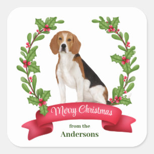 Sticker Carré Red Berry Holly Banner Beagle Noël