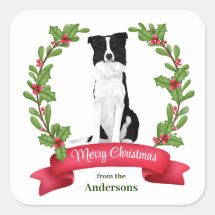 Sticker Carré Red Berry Holly Banner Bordure Collie Chien Noël
