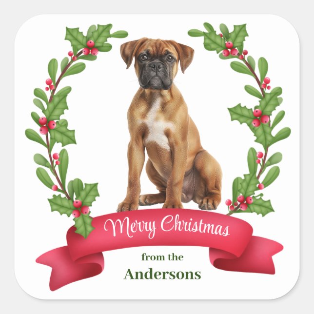 Sticker Carré Red Berry Holly Banner Boxe Chien Noël (Devant)
