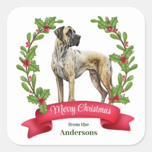 Sticker Carré Red Berry Holly Banner Great Dane Chien Noël