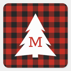 Sticker Carré Red Black Buffalo Check Monogramme Noël