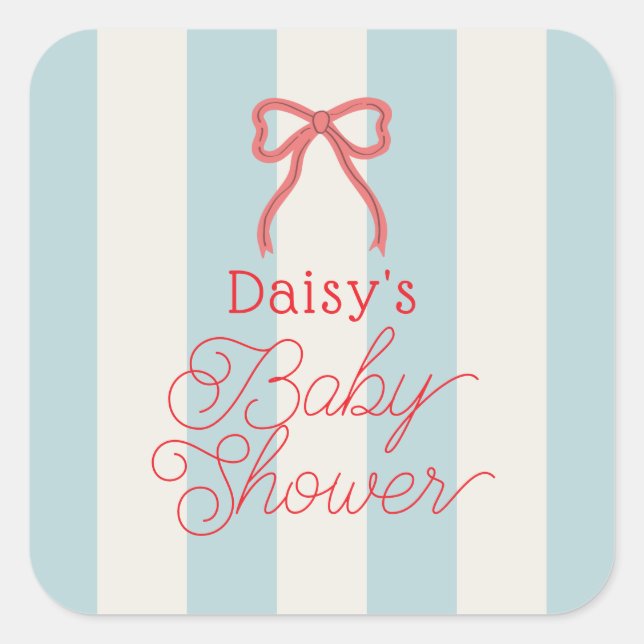 Sticker Carré Red Bow & Blue Stripes Baby Shower (Devant)