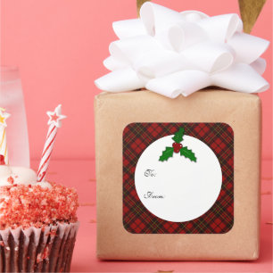 Sticker Carré Red Christmas tartan Holly twig Votre texte Balise