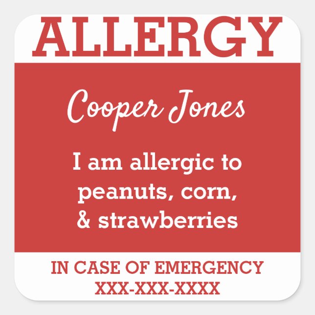 Sticker Carré Red Custom Food Allergy Kids Coordonnées (Devant)