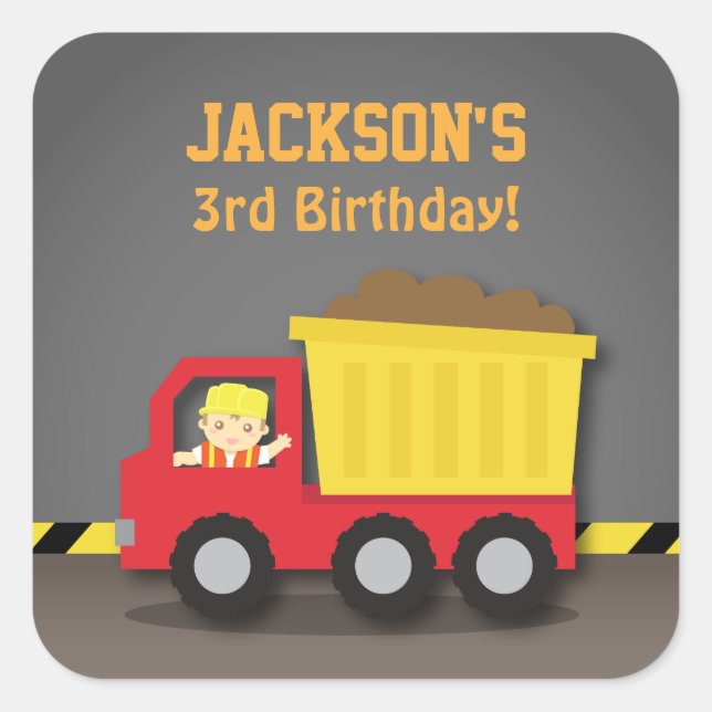 Sticker Carré Red Dump Truck Boy Construction fête d'anniversair (Devant)