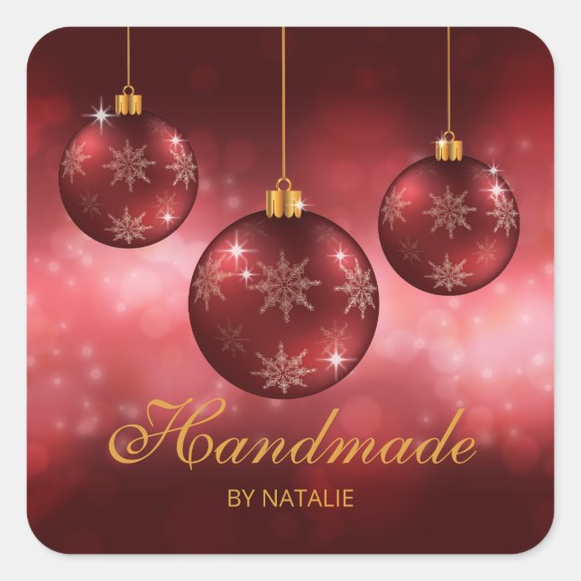 Sticker Carré Red Festive Baubles de Noël sur Red Bokeh (Devant)