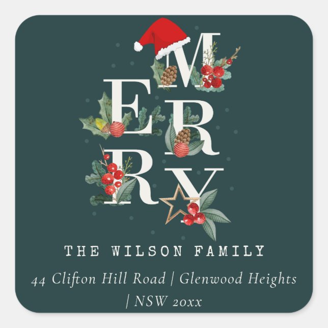 Sticker Carré Red Green White Merry Christmas Foliing Adresse (Devant)