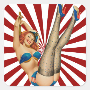 Sticker Carré Red Haired Pin-up Girl Retro Sunset