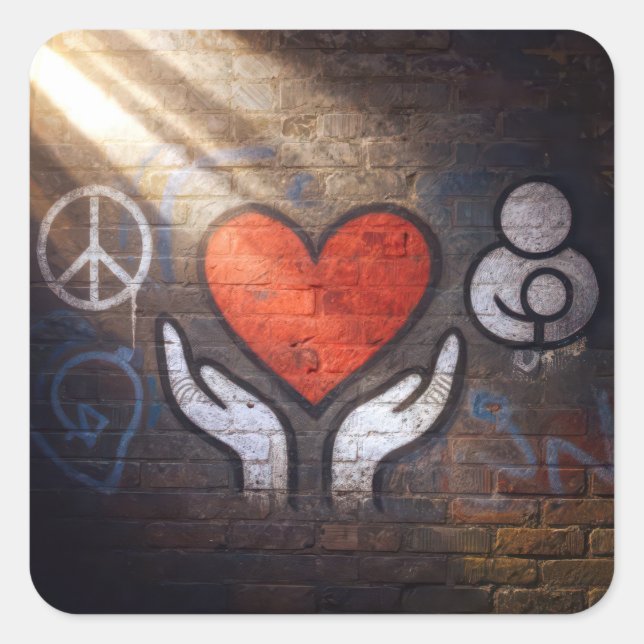 Sticker Carré Red Heart with Hands Graffiti On a Brick Wall (Devant)