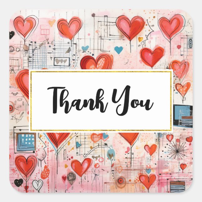 Sticker Carré Red Hearts Whimsical Love Motif Merci (Devant)