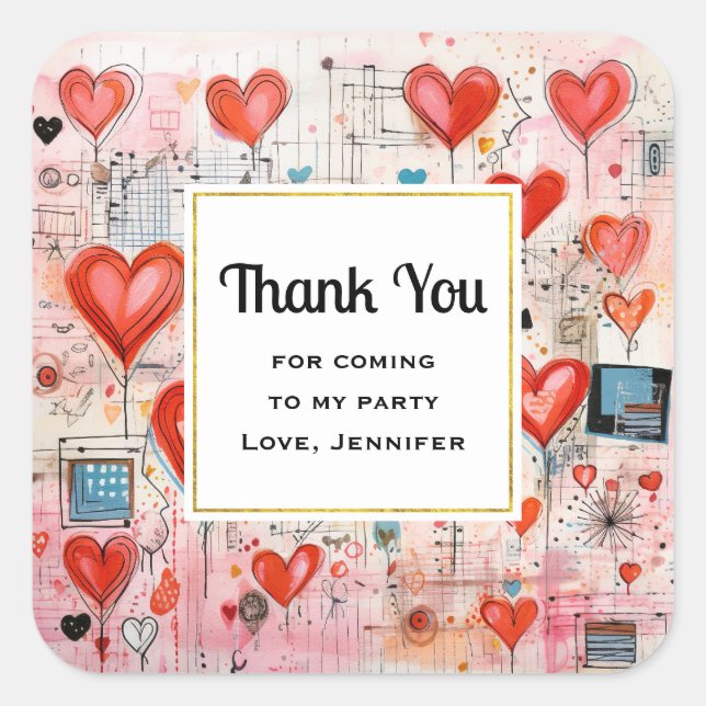 Sticker Carré Red Hearts Whimsical Love Motif Party Merci (Devant)