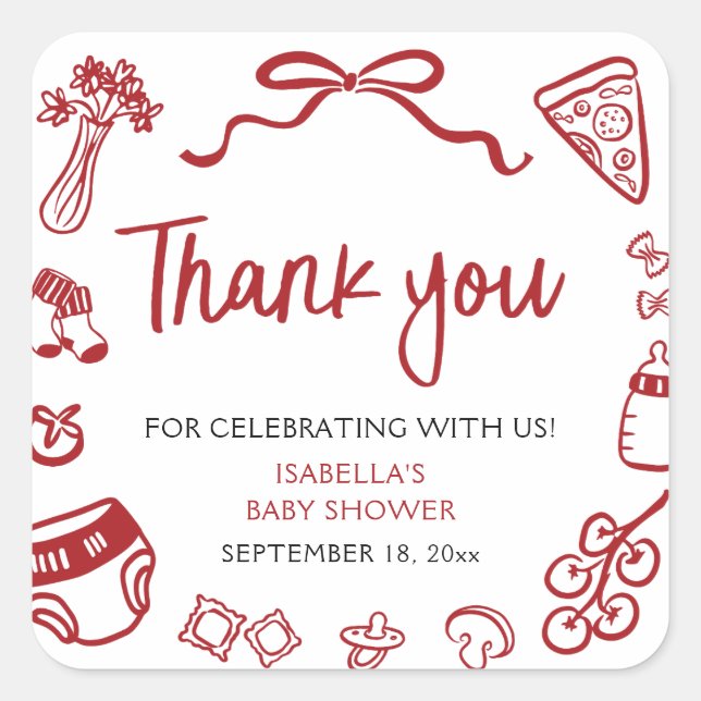 Sticker Carré Red Italian Hand Drawn Pizza Baby Shower Thank you (Devant)