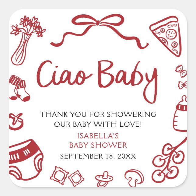 Sticker Carré Red Italian Hand Drawn Pizza Ciao Baby Baby Shower (Devant)