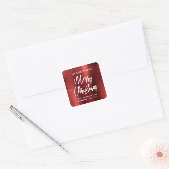 Sticker Carré Red Metallic Joyeux Noël Adresse de retour (Enveloppe)