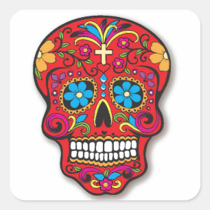 Sticker Carré Red Mexican Sugar Skull Day of the Dead