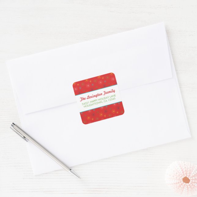 Sticker Carré Red Mid Century Modern Atomic Holiday Adresse (Enveloppe)