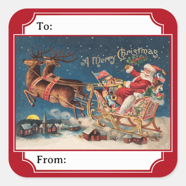 Sticker Carré Red Patriotic American Santa Christmas Gift Label (Devant)