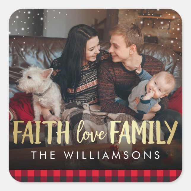 Sticker Carré Red Plaid & Gold Faith Love Family Christmas Photo (Devant)