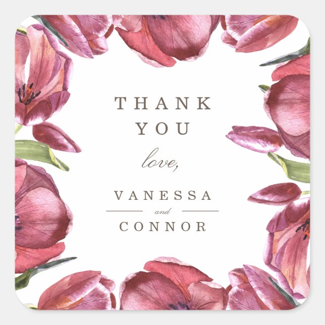 Sticker Carré Red Poppies Élégant Mariage Monogram Merci (Devant)