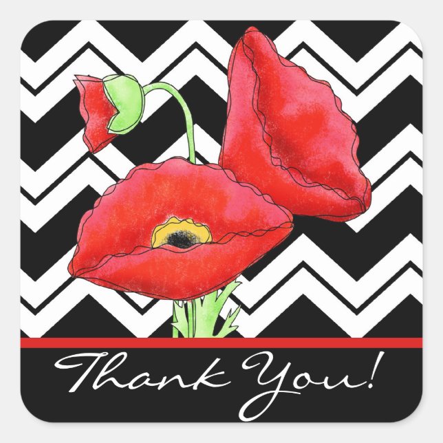 Sticker Carré Red Poppy Merci noir et blanc Chevron Zizzag (Devant)