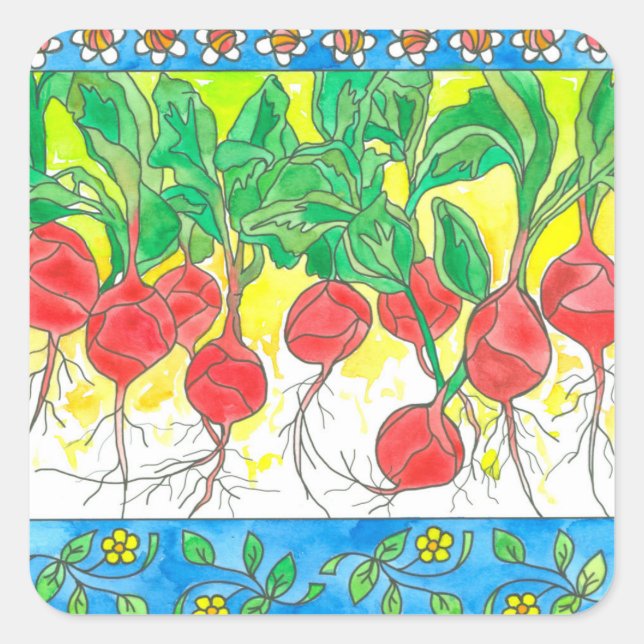 Sticker Carré Red Radis Garden Vegetables Fleurs marguerites (Devant)