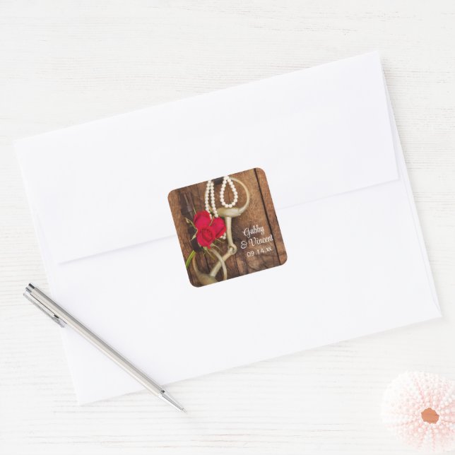 Sticker Carré Red Roses et Cheval Bit Pays Mariage de l'Ouest (Enveloppe)
