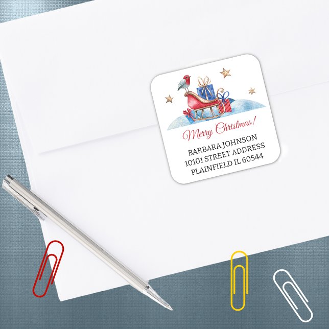Sticker Carré Red Sleigh & Cadeaux, Noël 1,5 po Retour d'adresse (Créateur téléchargé)