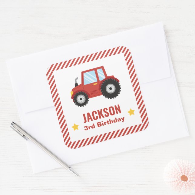 Sticker Carré Red Tractor Boys Anniversaire Décor (Enveloppe)