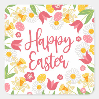 Sticker Carré Red Yellow Floral Happy Easter 