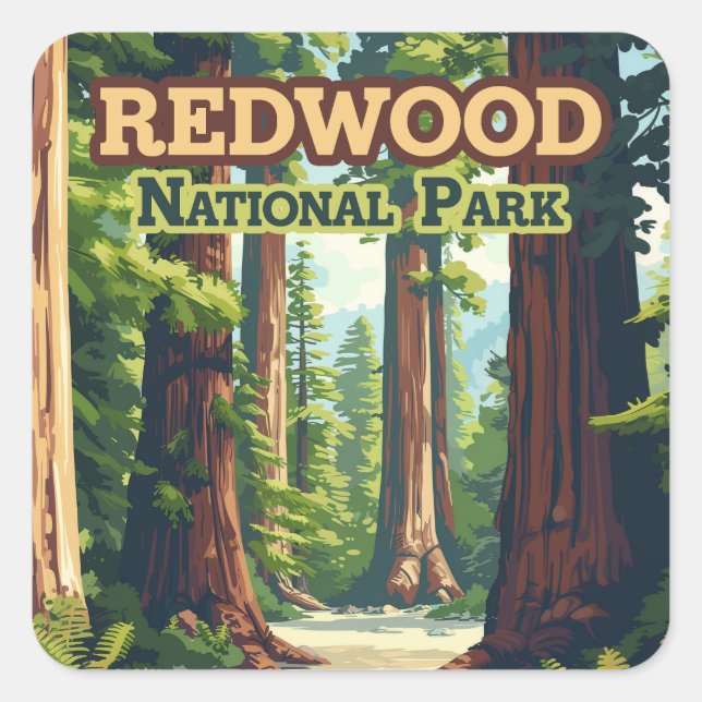 Sticker Carré Redwood National Park California Tree Retro (Devant)