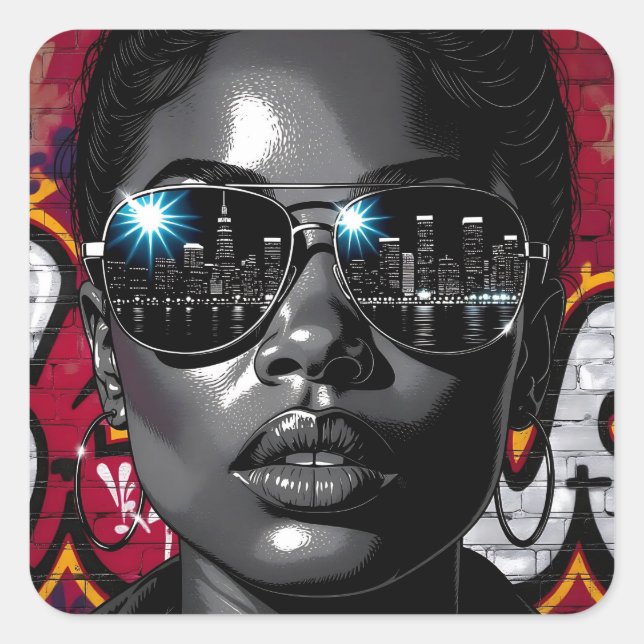 Sticker Carré Reflection in Sunglasses of the City Skyline (Devant)