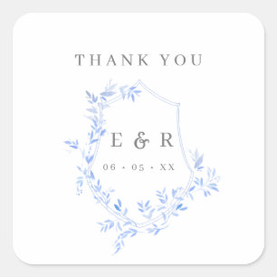 Sticker Carré Regency Bleu Feuille Crest Monogramme Merci