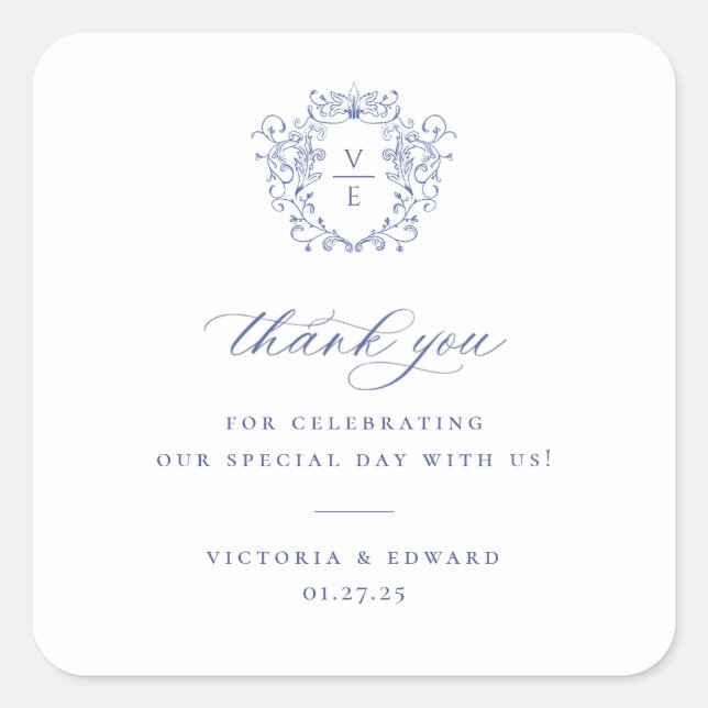 Sticker Carré Regency Blue Crest Monogramme Mariage Merci (Devant)