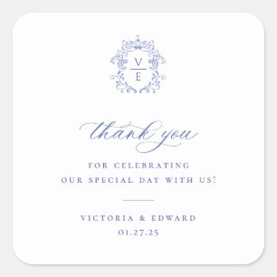 Sticker Carré Regency Blue Crest Monogramme Mariage Merci