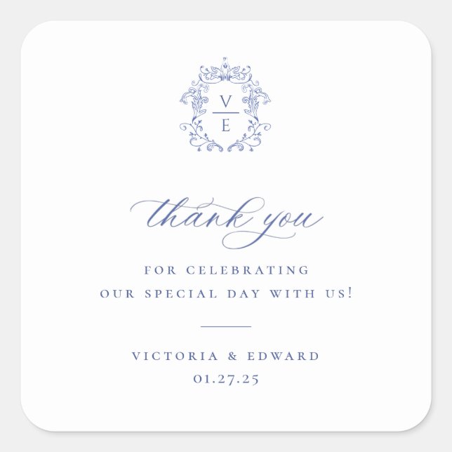 Sticker Carré Regency Blue Crest Monogramme Mariage Merci (Devant)