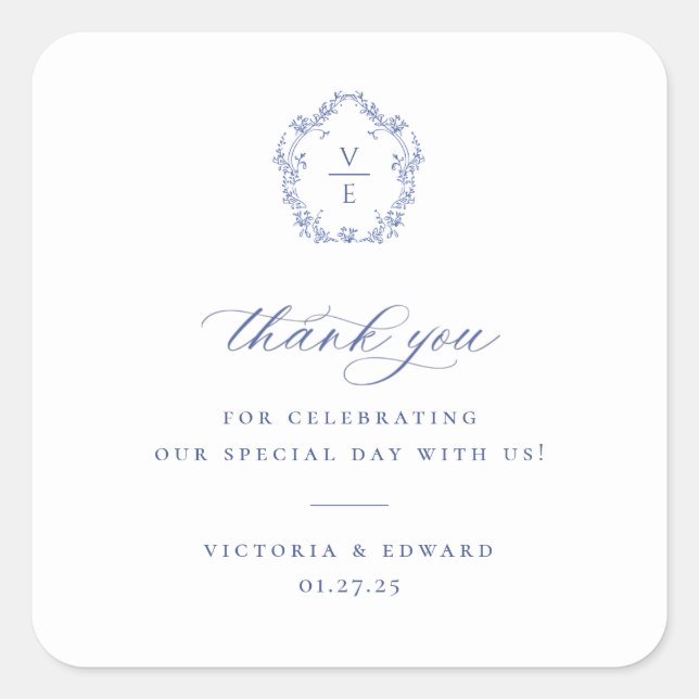 Sticker Carré Regency Blue Crest Monogramme Mariage Merci (Devant)
