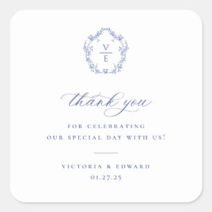 Sticker Carré Regency Blue Crest Monogramme Mariage Merci