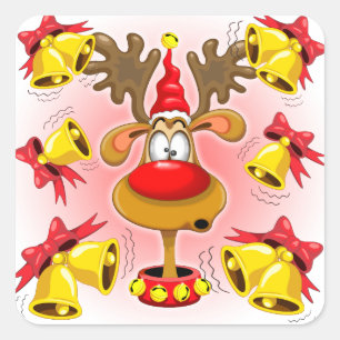 Sticker Carré Reindeer amusant Caricature de Noël avec cloches A