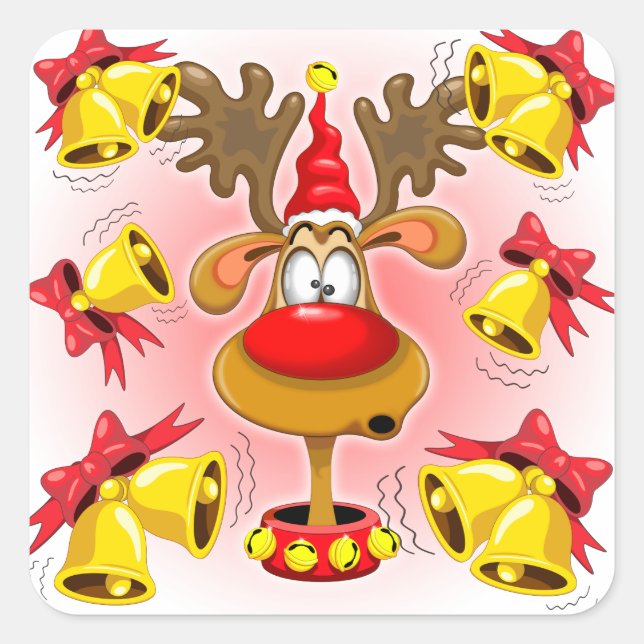 Sticker Carré Reindeer amusant Caricature de Noël avec cloches A (Devant)