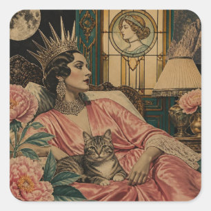 Sticker Carré Reine de conte de fées rétro et son chat au lit