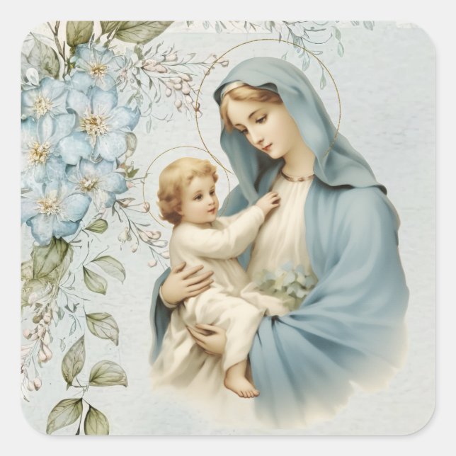 Sticker Carré Religieux Catholique Floral Jésus Vierge Marie (Devant)